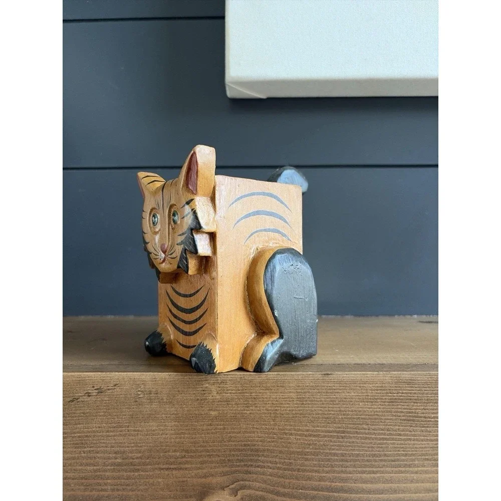 Hand Carved Wooden Cat Trinket Box Folk Art Kitty Storage Box‎ 5